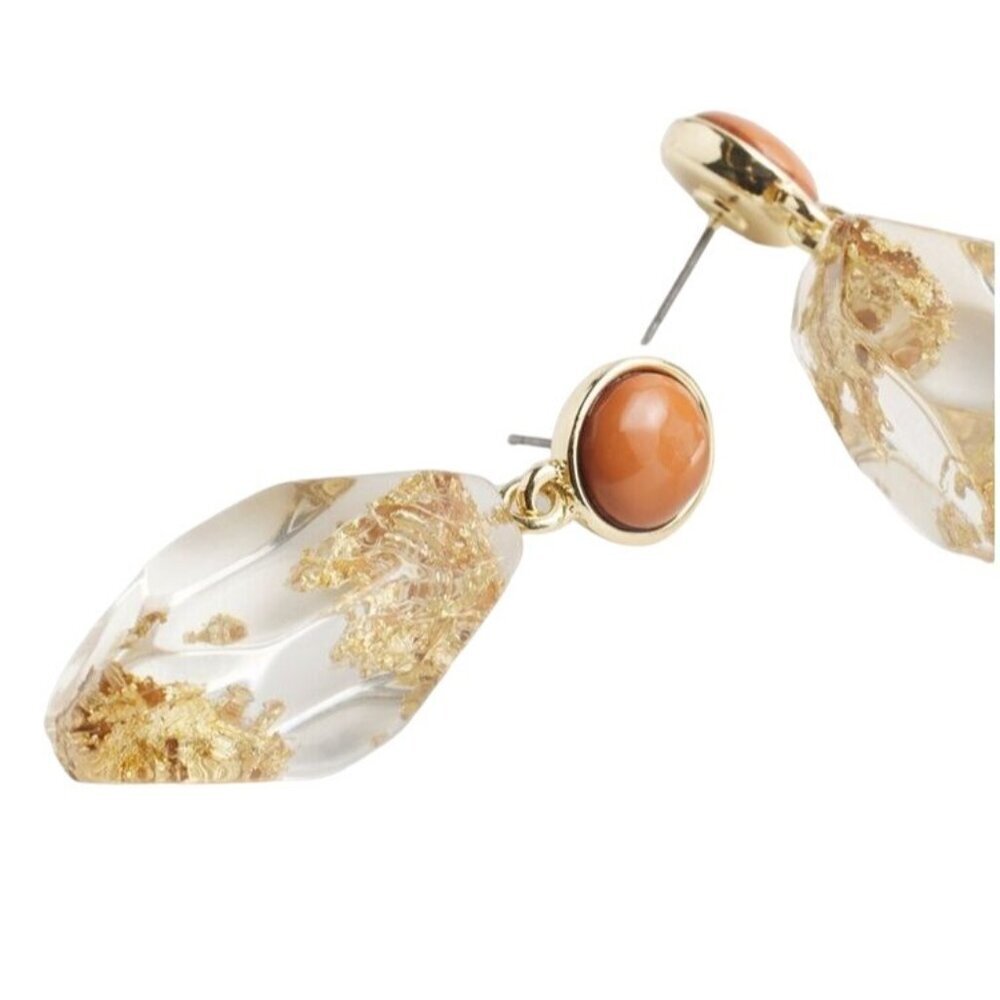 Chico's No Droop™ Lucite Gold Foil Earrings NWT Neutral Earthcore Unique - Picture 5 of 9
